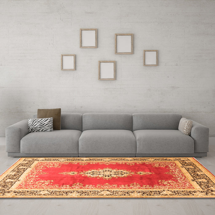 Machine Washable Medallion Orange Traditional Area Rugs in a Living Room, wshtr1068org