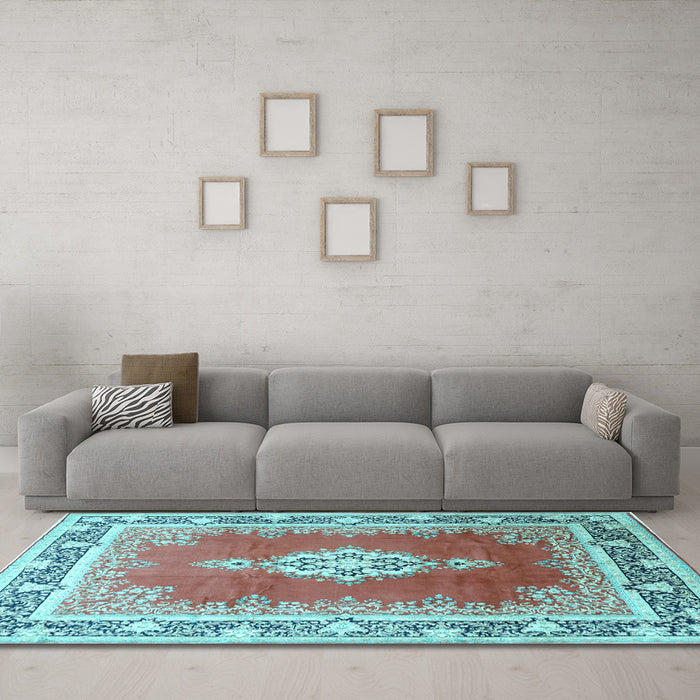 Machine Washable Medallion Light Blue Traditional Rug in a Living Room, wshtr1068lblu