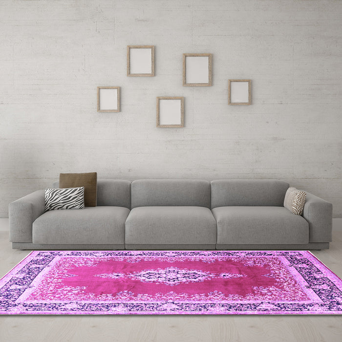 Machine Washable Medallion Purple Traditional Area Rugs in a Living Room, wshtr1068pur