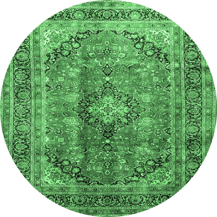 Round Medallion Emerald Green Traditional Rug, tr1069emgrn