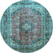 Round Machine Washable Medallion Light Blue Traditional Rug, wshtr1069lblu