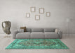 Machine Washable Medallion Turquoise Traditional Area Rugs in a Living Room,, wshtr1069turq