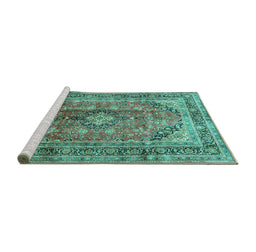 Sideview of Machine Washable Medallion Turquoise Traditional Area Rugs, wshtr1069turq