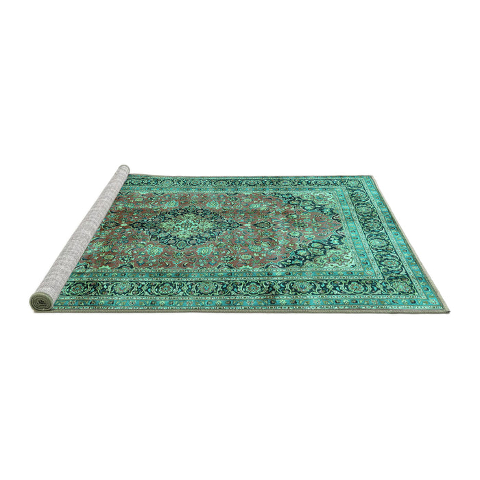 Sideview of Machine Washable Medallion Turquoise Traditional Area Rugs, wshtr1069turq