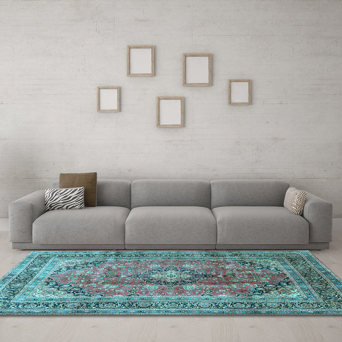 Machine Washable Medallion Light Blue Traditional Rug in a Living Room, wshtr1069lblu