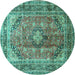 Round Machine Washable Medallion Turquoise Traditional Area Rugs, wshtr1069turq