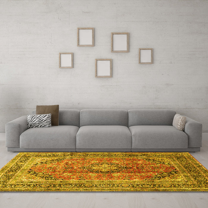 Machine Washable Medallion Yellow Traditional Rug in a Living Room, wshtr1069yw