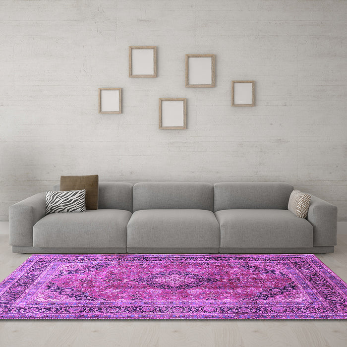Machine Washable Medallion Purple Traditional Area Rugs in a Living Room, wshtr1069pur