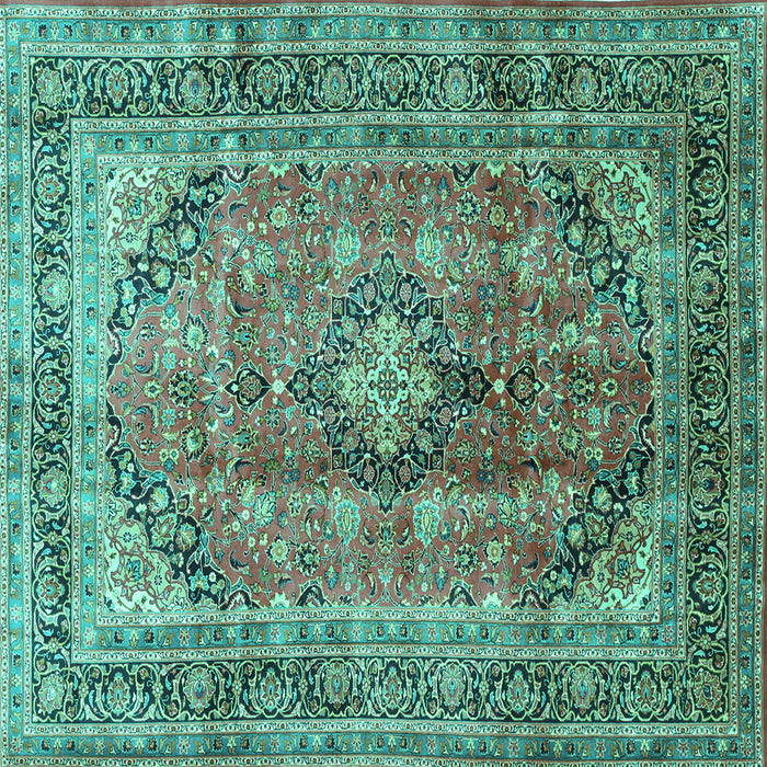 Square Machine Washable Medallion Turquoise Traditional Area Rugs, wshtr1069turq