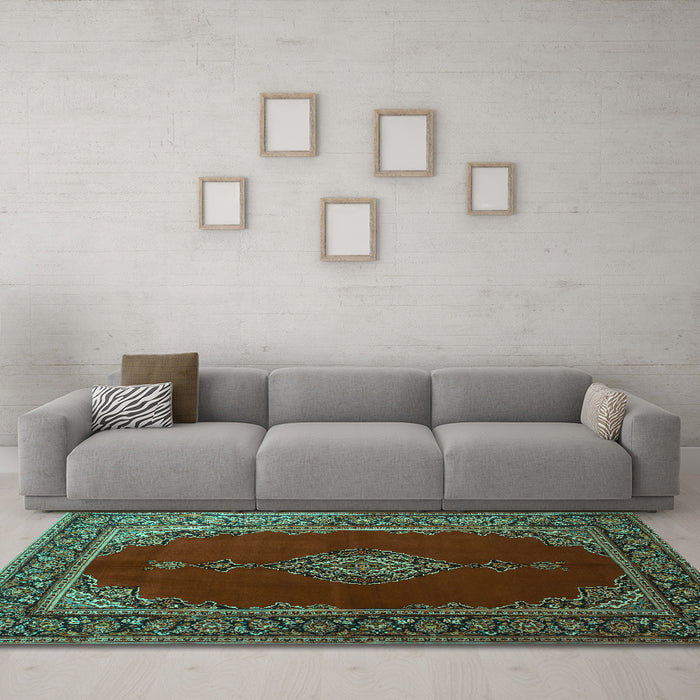 Machine Washable Medallion Turquoise Traditional Area Rugs in a Living Room,, wshtr106turq