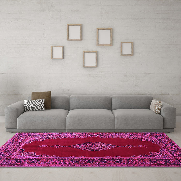 Machine Washable Medallion Pink Traditional Rug in a Living Room, wshtr106pnk