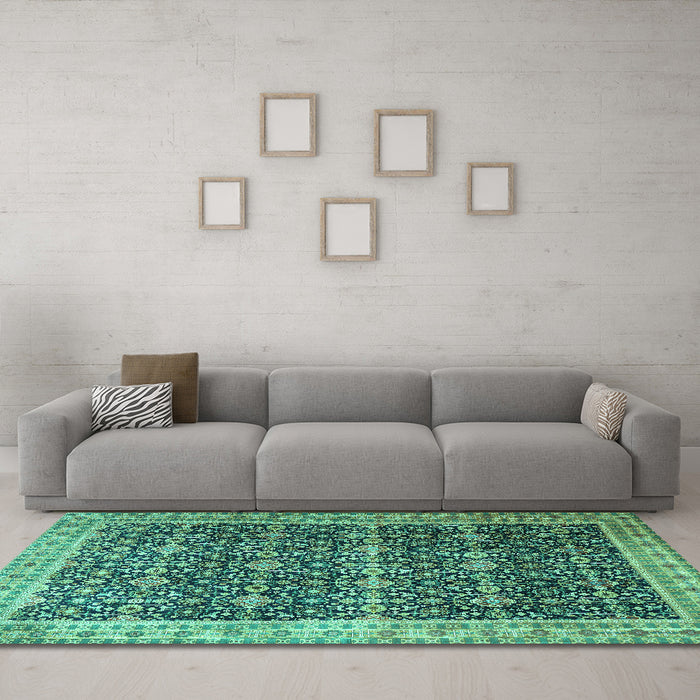 Machine Washable Persian Turquoise Traditional Area Rugs in a Living Room,, wshtr1070turq