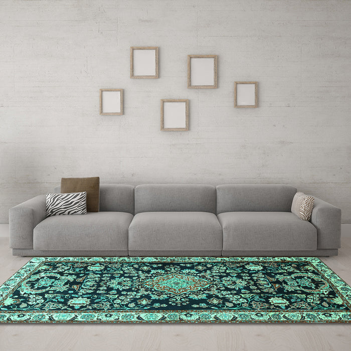 Machine Washable Animal Turquoise Traditional Area Rugs in a Living Room,, wshtr1071turq