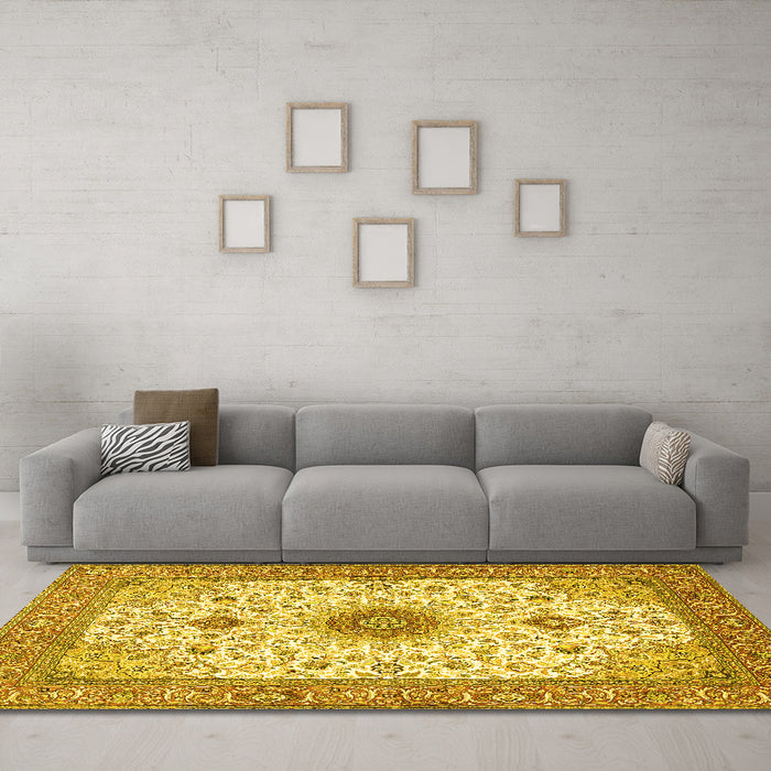 Machine Washable Medallion Yellow Traditional Rug in a Living Room, wshtr1072yw
