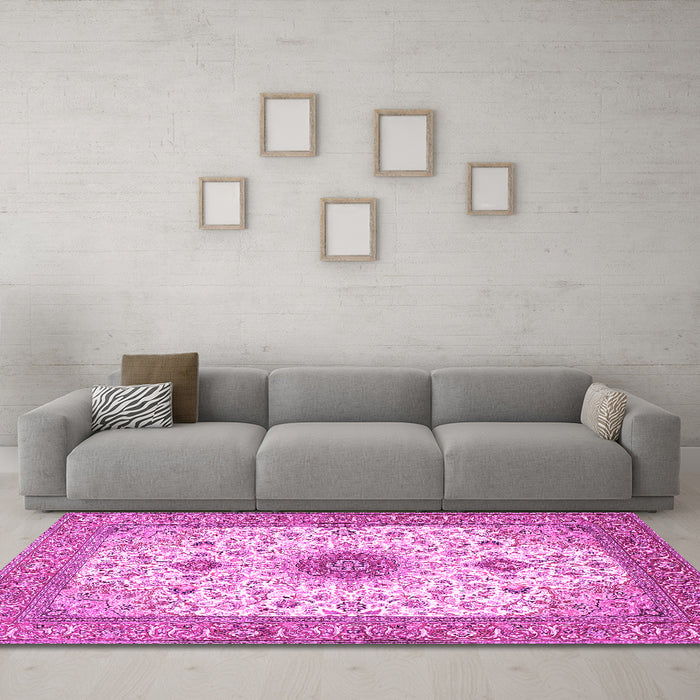 Machine Washable Medallion Pink Traditional Rug in a Living Room, wshtr1072pnk