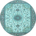 Round Machine Washable Medallion Light Blue Traditional Rug, wshtr1072lblu