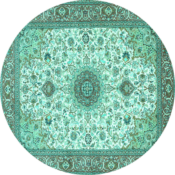 Round Machine Washable Medallion Turquoise Traditional Area Rugs, wshtr1072turq