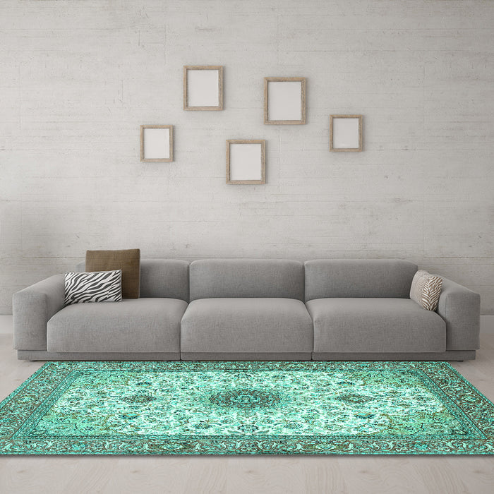 Machine Washable Medallion Turquoise Traditional Area Rugs in a Living Room,, wshtr1072turq