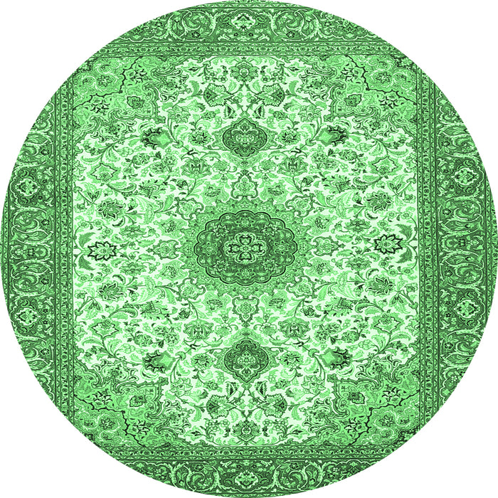 Round Machine Washable Medallion Emerald Green Traditional Area Rugs, wshtr1072emgrn