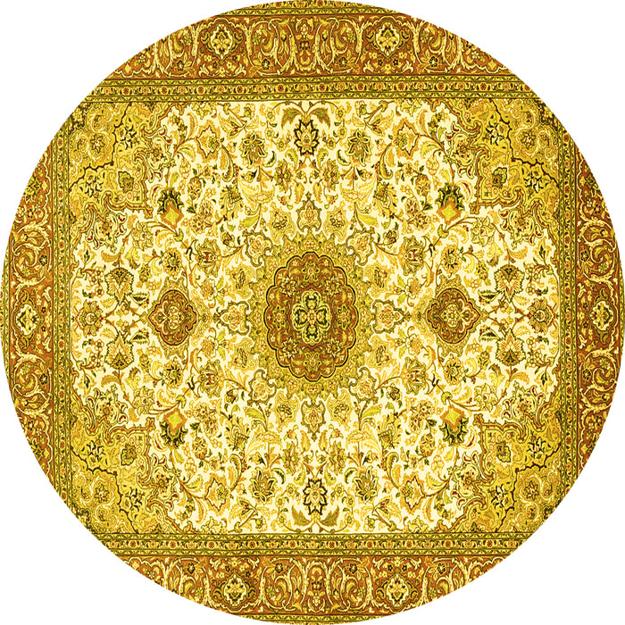 Round Machine Washable Medallion Yellow Traditional Rug, wshtr1072yw