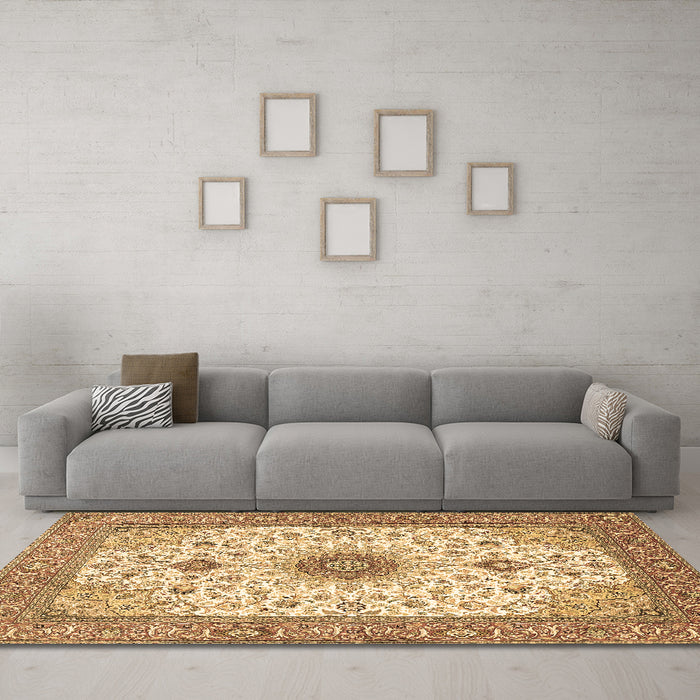 Machine Washable Medallion Brown Traditional Rug in a Living Room,, wshtr1072brn