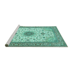 Sideview of Machine Washable Medallion Turquoise Traditional Area Rugs, wshtr1072turq