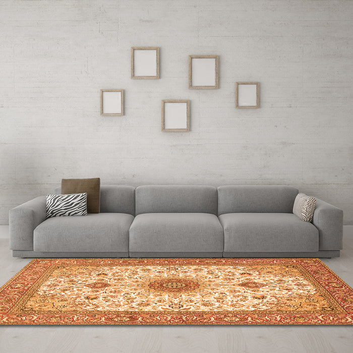 Machine Washable Medallion Orange Traditional Area Rugs in a Living Room, wshtr1072org