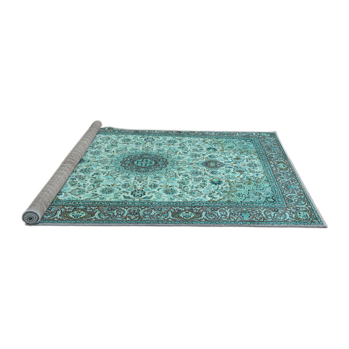 Sideview of Machine Washable Medallion Light Blue Traditional Rug, wshtr1072lblu