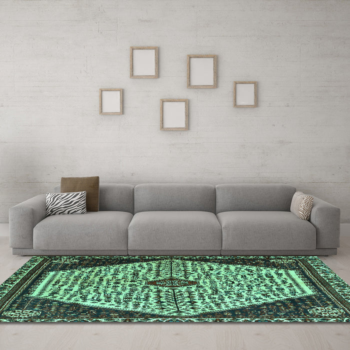 Machine Washable Persian Turquoise Traditional Area Rugs in a Living Room,, wshtr1073turq