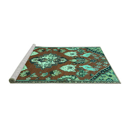 Sideview of Machine Washable Persian Turquoise Traditional Area Rugs, wshtr1074turq