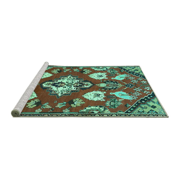 Sideview of Machine Washable Persian Turquoise Traditional Area Rugs, wshtr1074turq