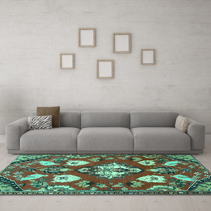 Machine Washable Persian Turquoise Traditional Area Rugs in a Living Room,, wshtr1074turq