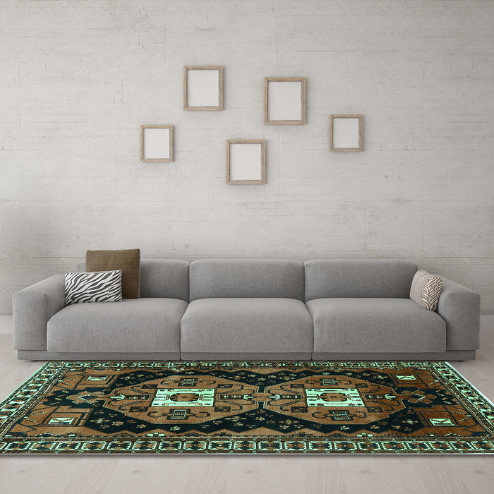 Machine Washable Persian Turquoise Traditional Area Rugs in a Living Room,, wshtr1075turq