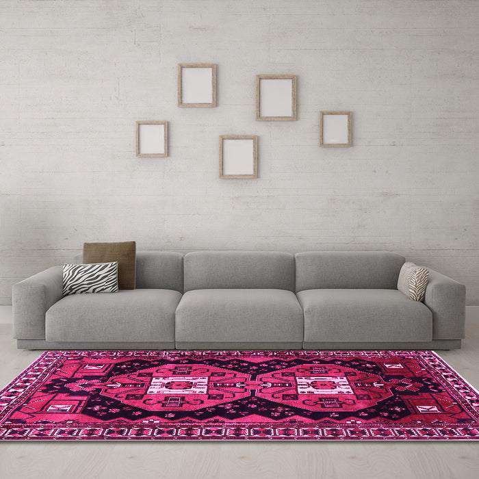 Machine Washable Persian Pink Traditional Rug in a Living Room, wshtr1075pnk