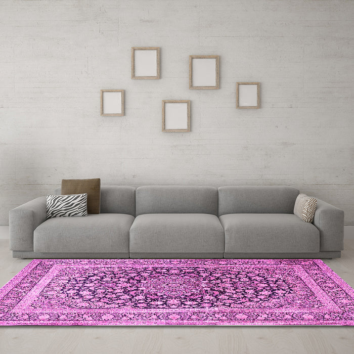 Machine Washable Medallion Pink Traditional Rug in a Living Room, wshtr1076pnk