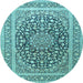 Round Machine Washable Medallion Light Blue Traditional Rug, wshtr1076lblu