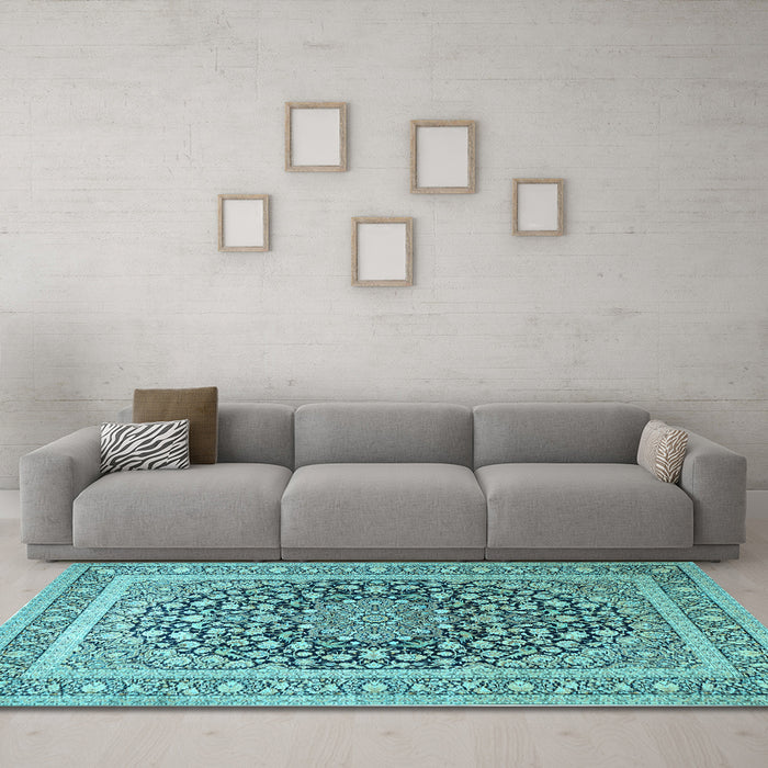 Machine Washable Medallion Light Blue Traditional Rug in a Living Room, wshtr1076lblu