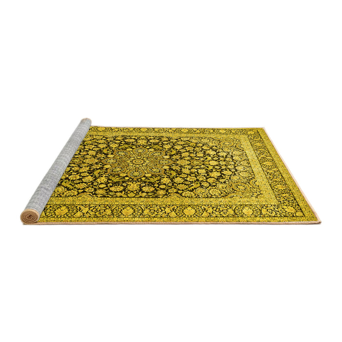 Sideview of Machine Washable Medallion Yellow Traditional Rug, wshtr1076yw