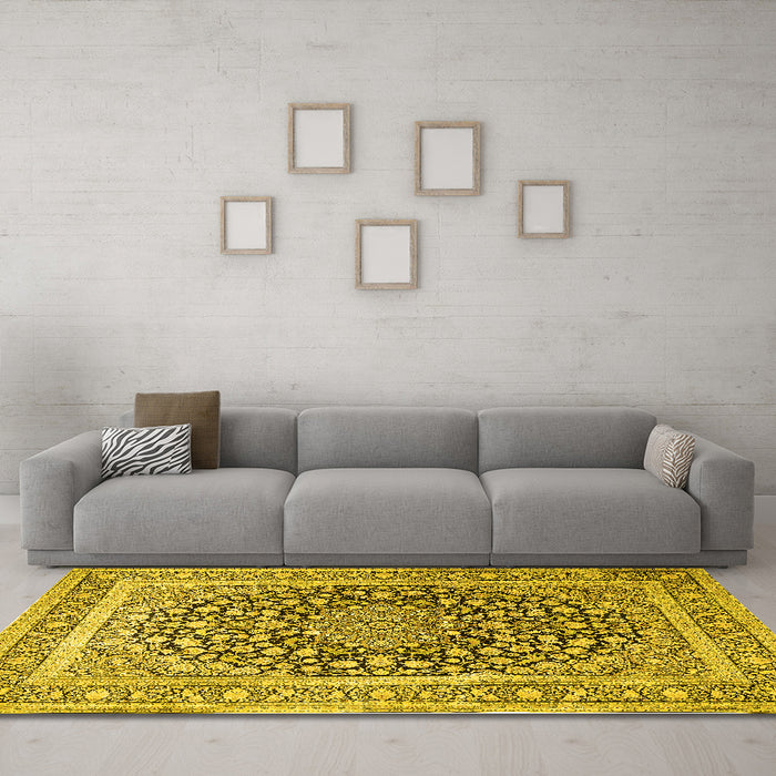 Machine Washable Medallion Yellow Traditional Rug in a Living Room, wshtr1076yw