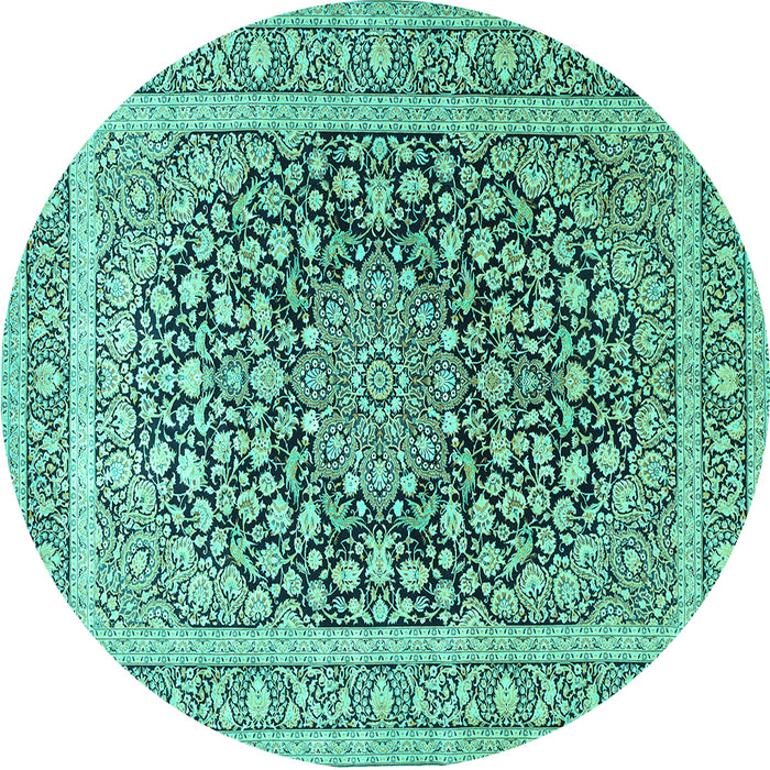 Round Machine Washable Medallion Turquoise Traditional Area Rugs, wshtr1076turq