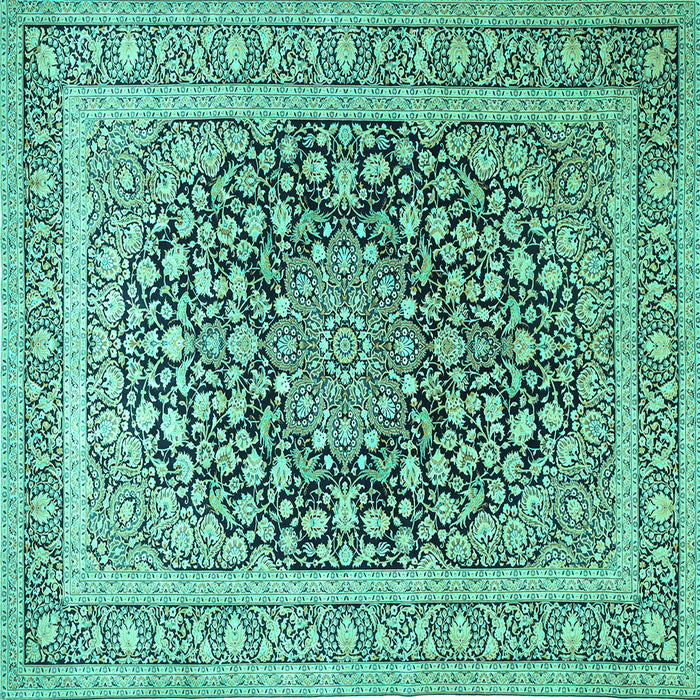 Square Machine Washable Medallion Turquoise Traditional Area Rugs, wshtr1076turq