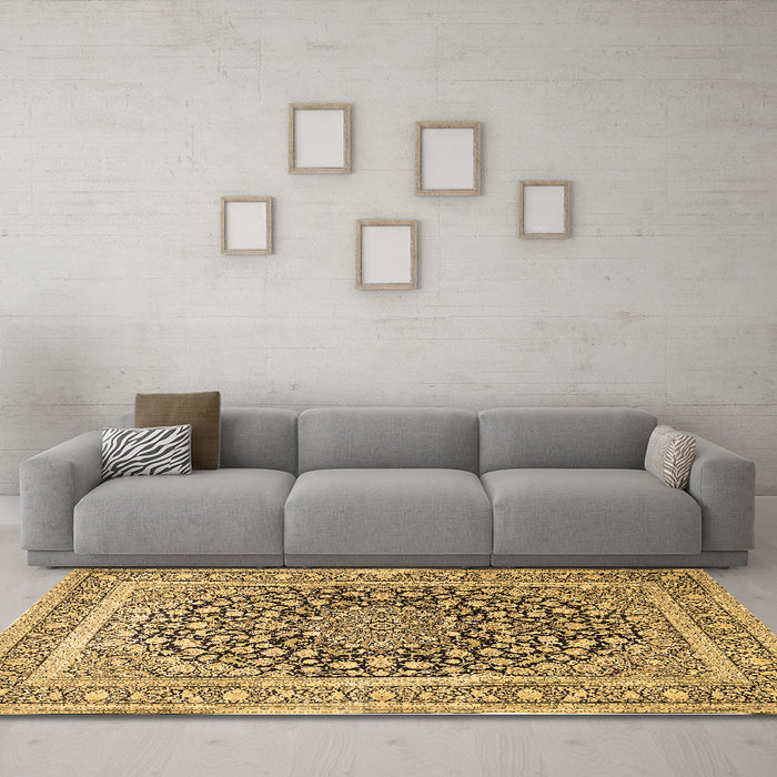 Machine Washable Medallion Brown Traditional Rug in a Living Room,, wshtr1076brn