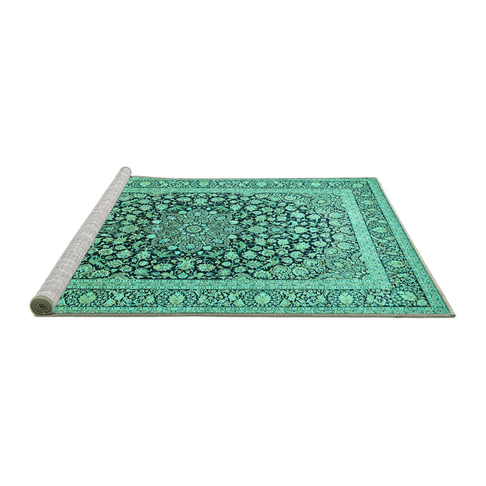 Sideview of Machine Washable Medallion Turquoise Traditional Area Rugs, wshtr1076turq