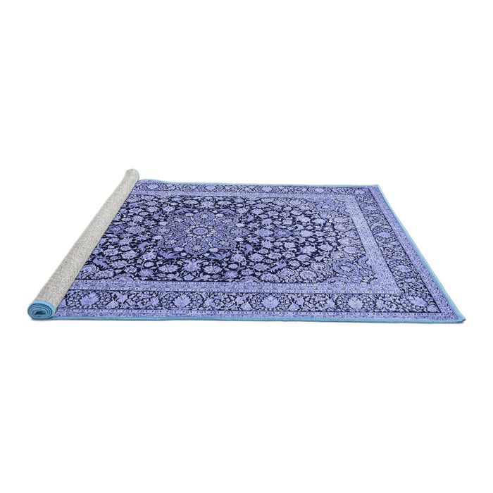Sideview of Machine Washable Medallion Blue Traditional Rug, wshtr1076blu