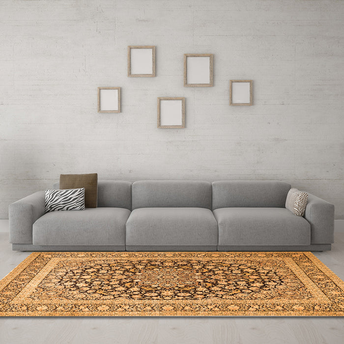Machine Washable Medallion Orange Traditional Area Rugs in a Living Room, wshtr1076org