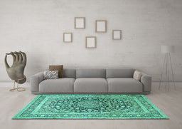 Machine Washable Medallion Turquoise Traditional Area Rugs in a Living Room,, wshtr1076turq