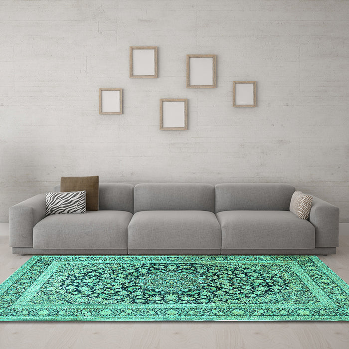 Machine Washable Medallion Turquoise Traditional Area Rugs in a Living Room,, wshtr1076turq