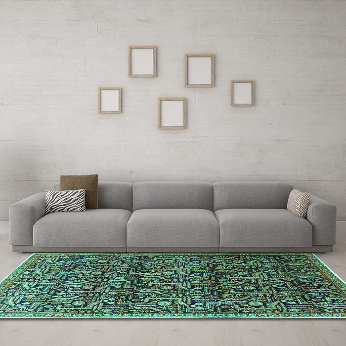 Machine Washable Persian Turquoise Traditional Area Rugs in a Living Room,, wshtr1077turq