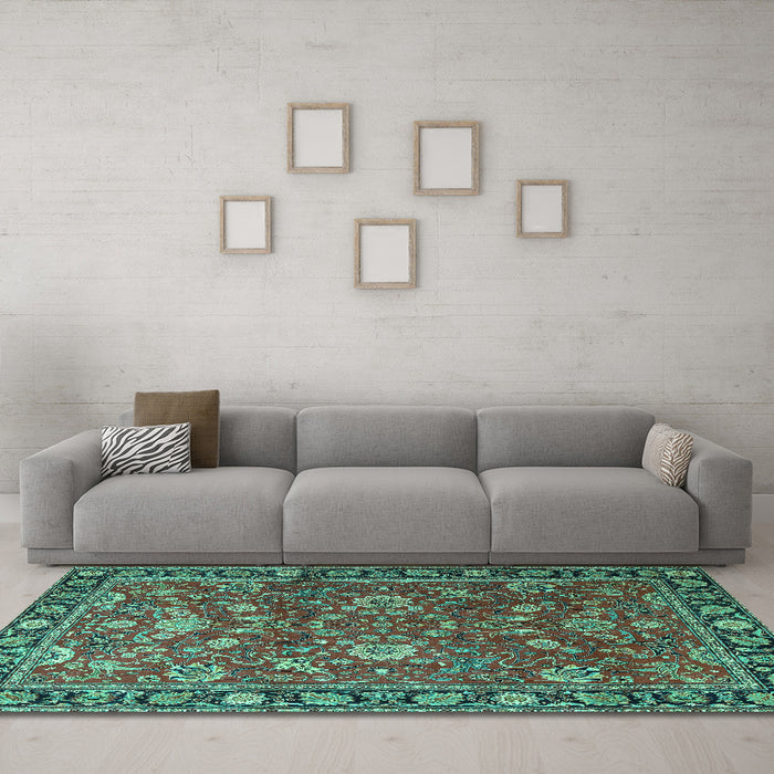 Machine Washable Persian Turquoise Traditional Area Rugs in a Living Room,, wshtr1078turq
