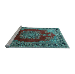 Sideview of Machine Washable Medallion Light Blue Traditional Rug, wshtr1079lblu